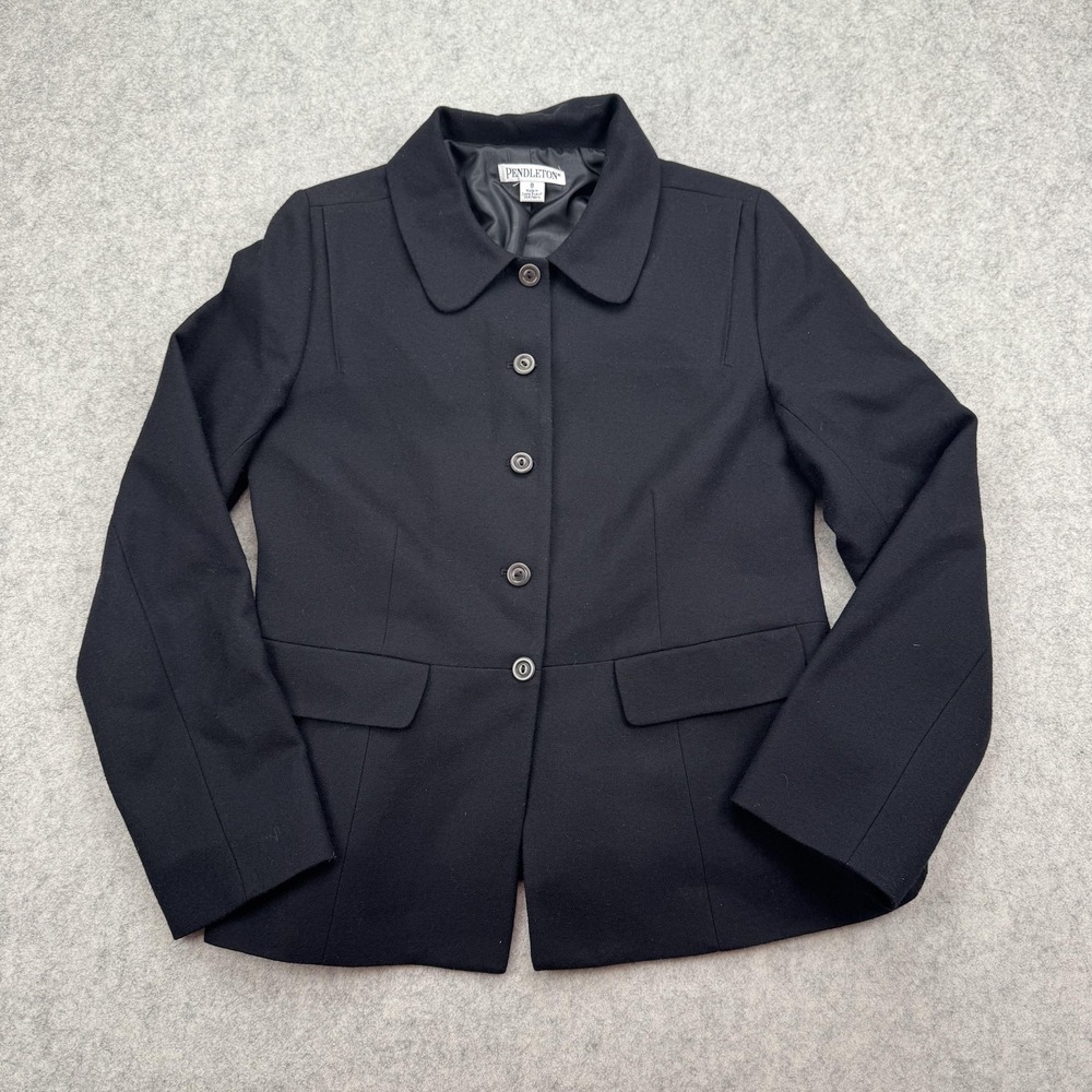 Pendleton Blazer Jacket Womens 8 Black 100% Virgin Wool Five Button *SMALL HOLE*